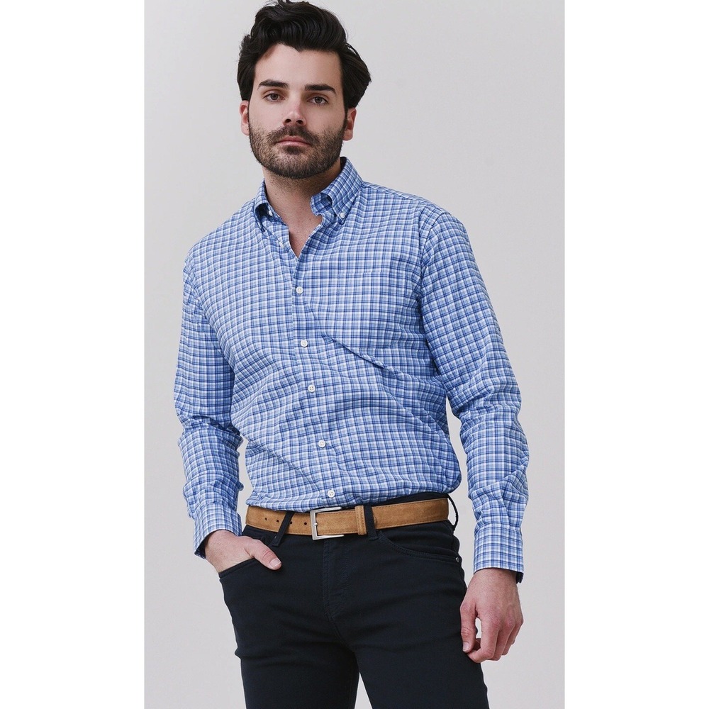 Peter Millar Button Front Shirt Sz XL Collared Blue Plaid Wilson Stretch Mature